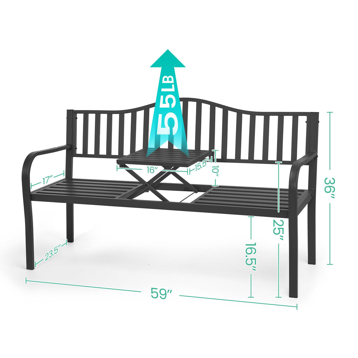 59" Gray Metal Outdoor Bench with Built in Table R2317