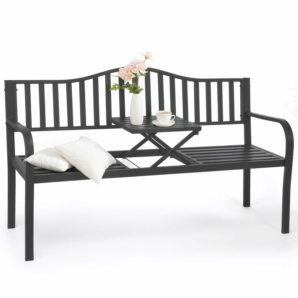 59" Gray Metal Outdoor Bench with Built in Table R2317