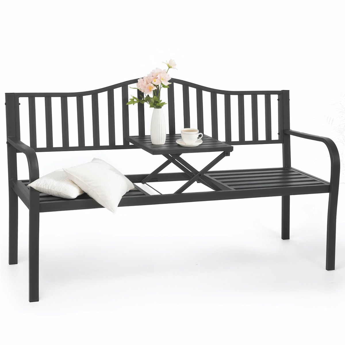 59" Gray Metal Outdoor Bench with Built in Table R2317