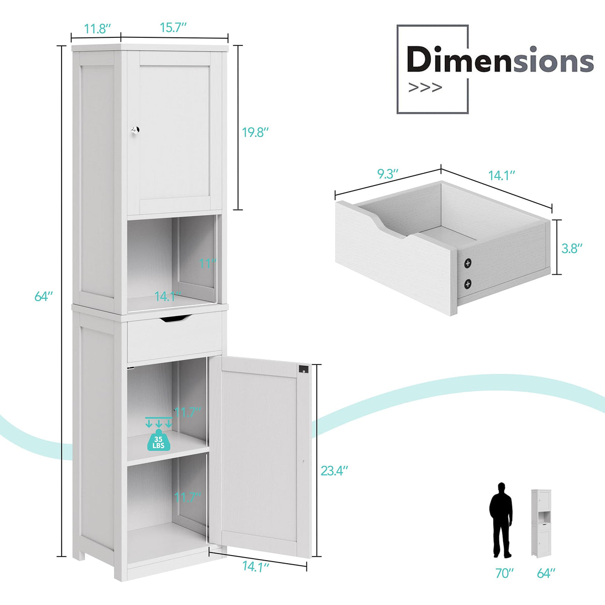 Tall Narrow Bathroom Storage Cabinet with Adjustable Shelves, White S29546