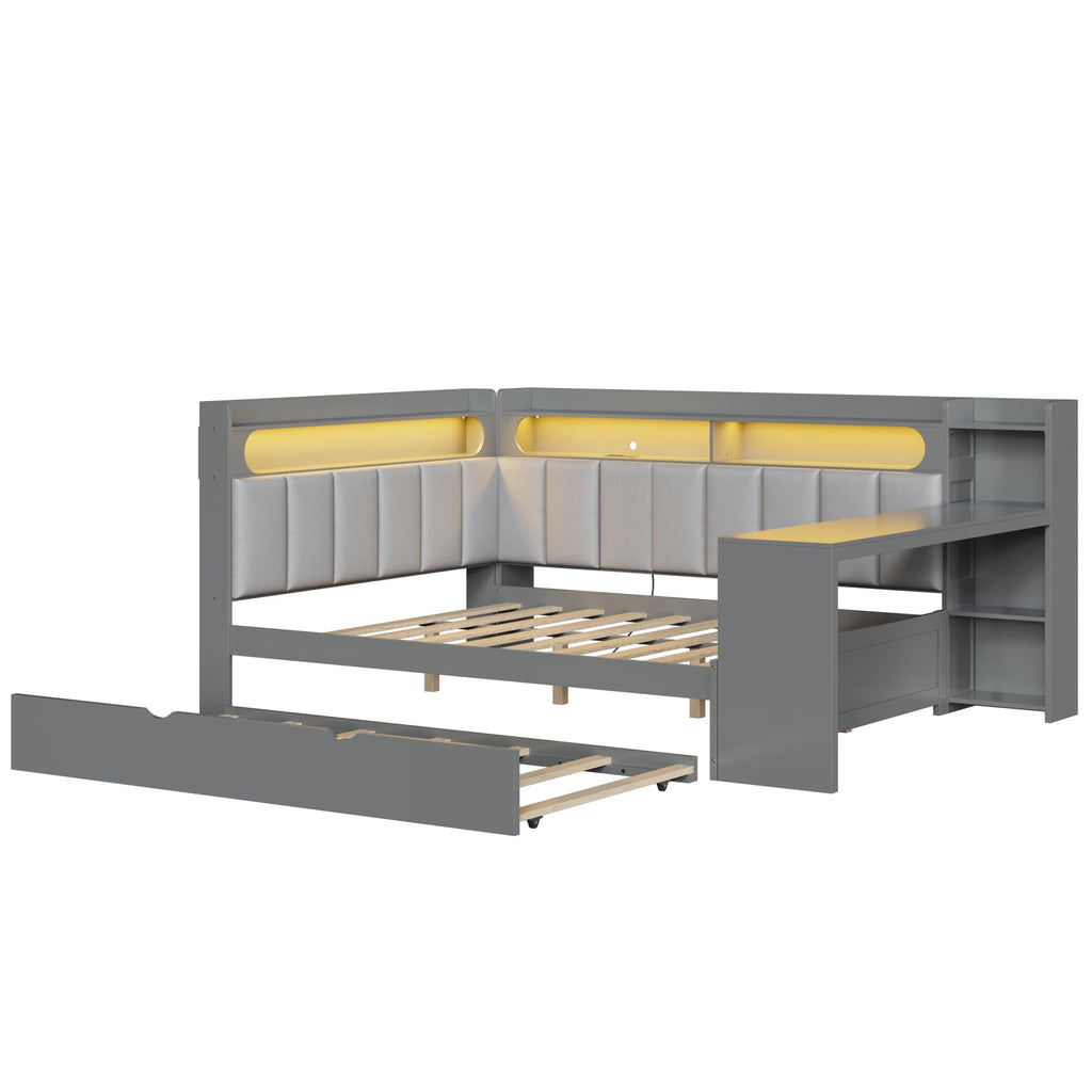 Grey Full Size L-Shaped Corner Bed with Trundle and Desk O187847