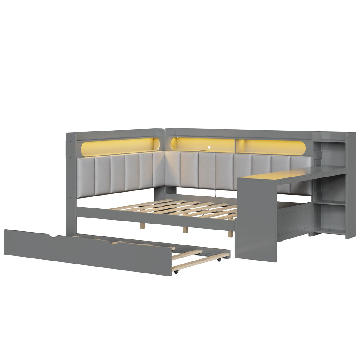Grey Full Size L-Shaped Corner Bed with Trundle and Desk O187847