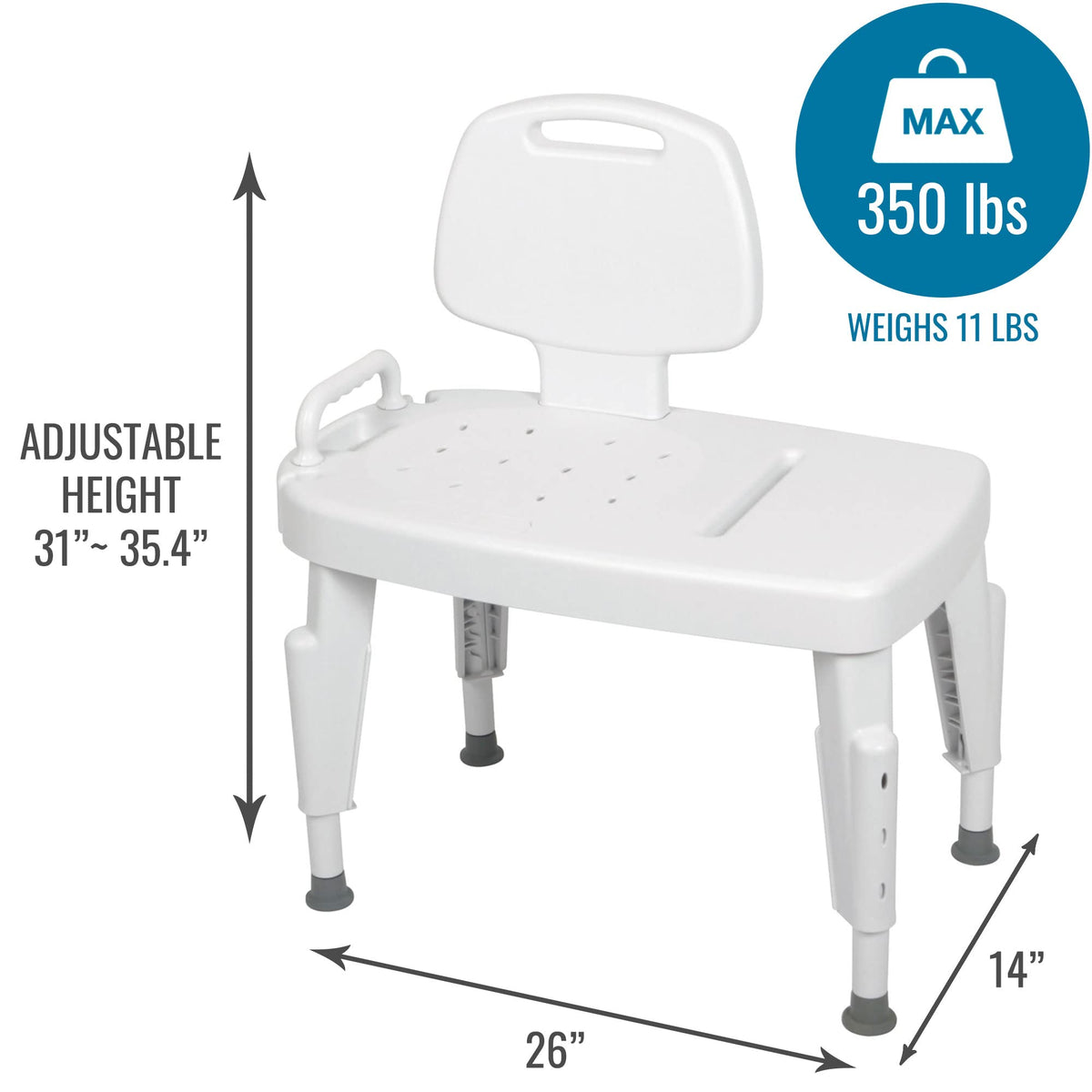 Universal Transfer Bench for Bathtubs & Showers, 350lb Weight Capacity, Adjustable Legs F941