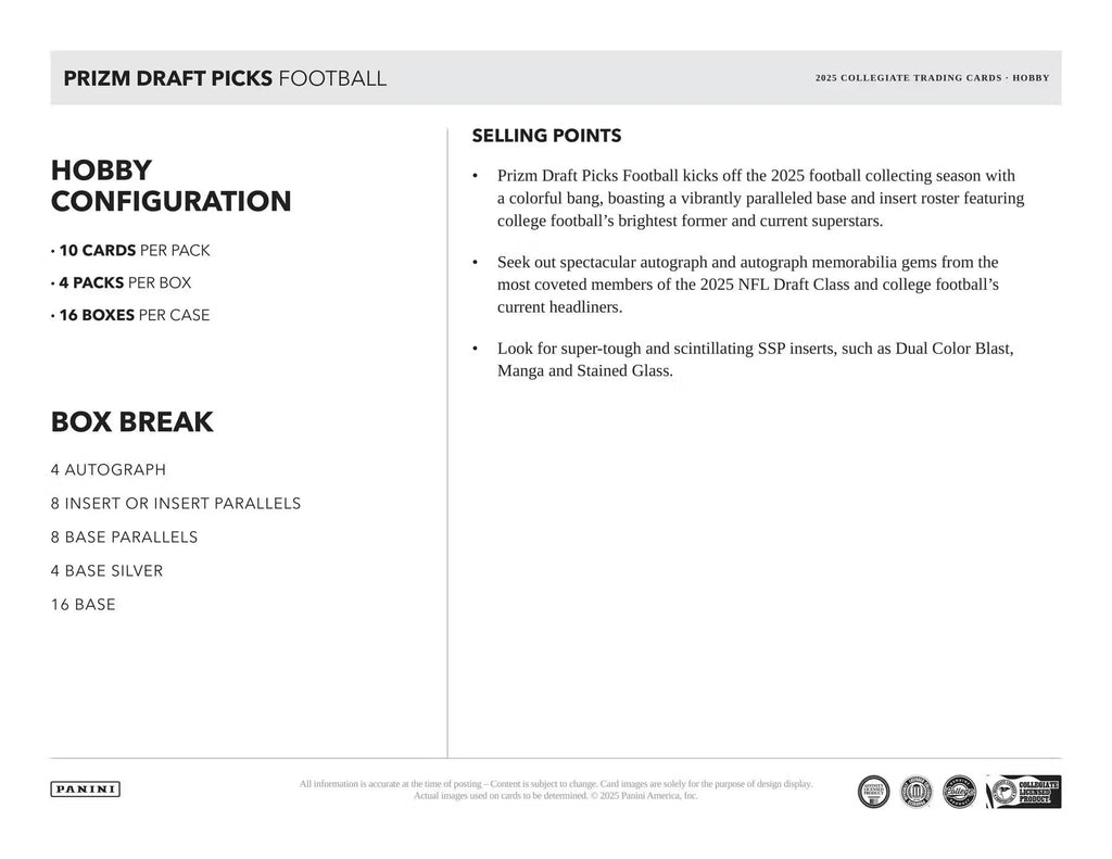 2025 Panini Prizm Draft Picks Football Trading Card Box P324