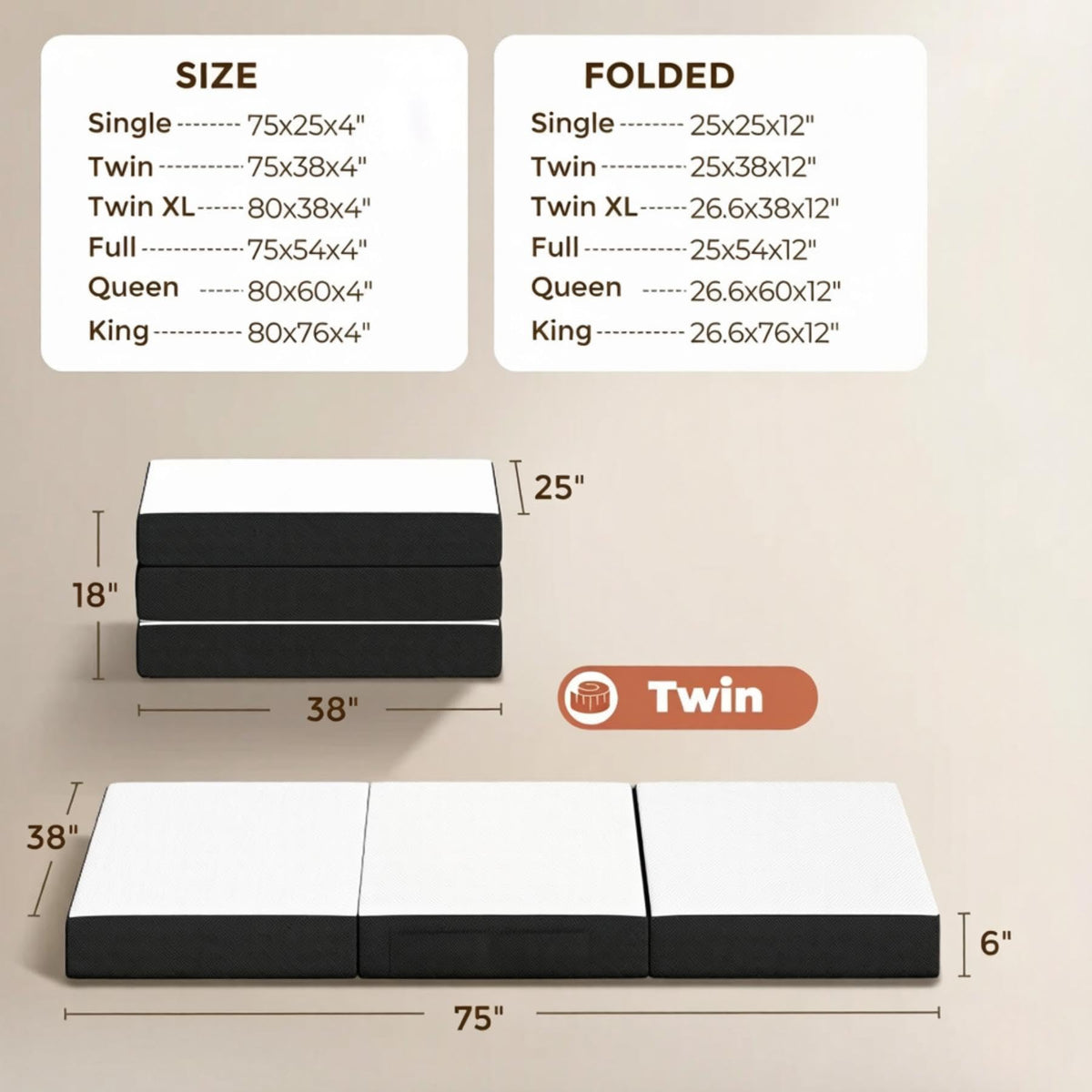 6 Inch Twin Trifold Memory Foam Mattress U30438
