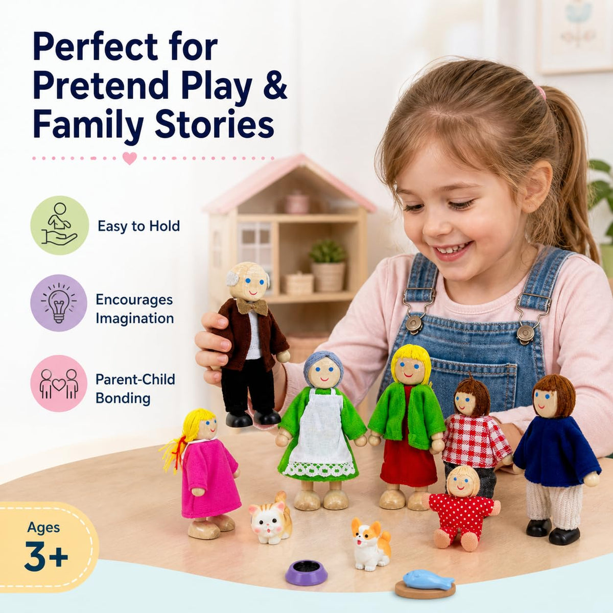 12 Pieces Wooden Dollhouse Family Set with Dog Cat Figures H6434