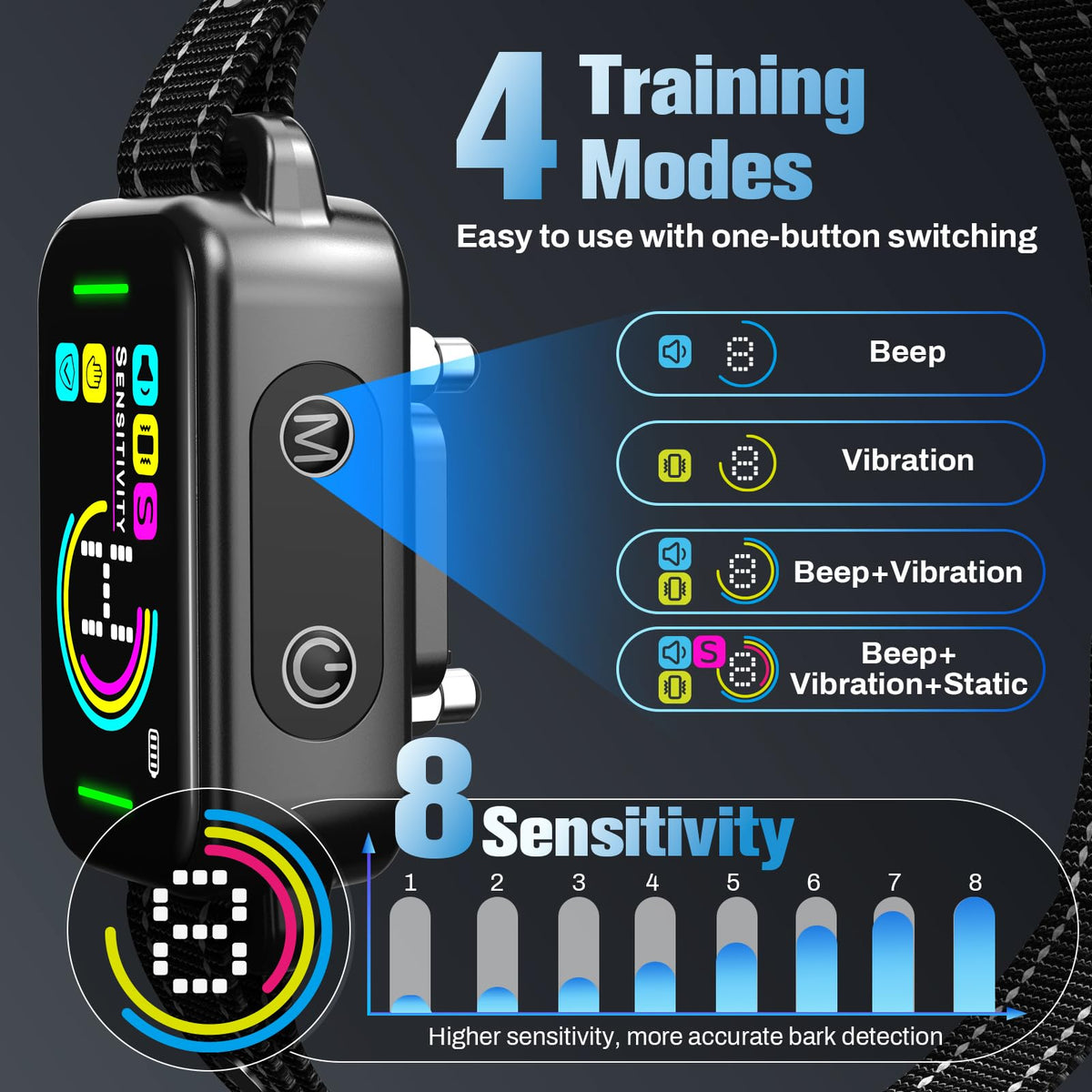 Smart AI Bark Collar with Beep Vibration IP67 Waterproof Jet Black T250