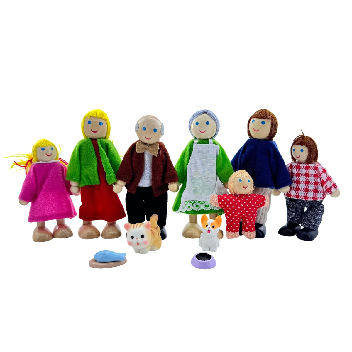 12 Pieces Wooden Dollhouse Family Set with Dog Cat Figures H6434