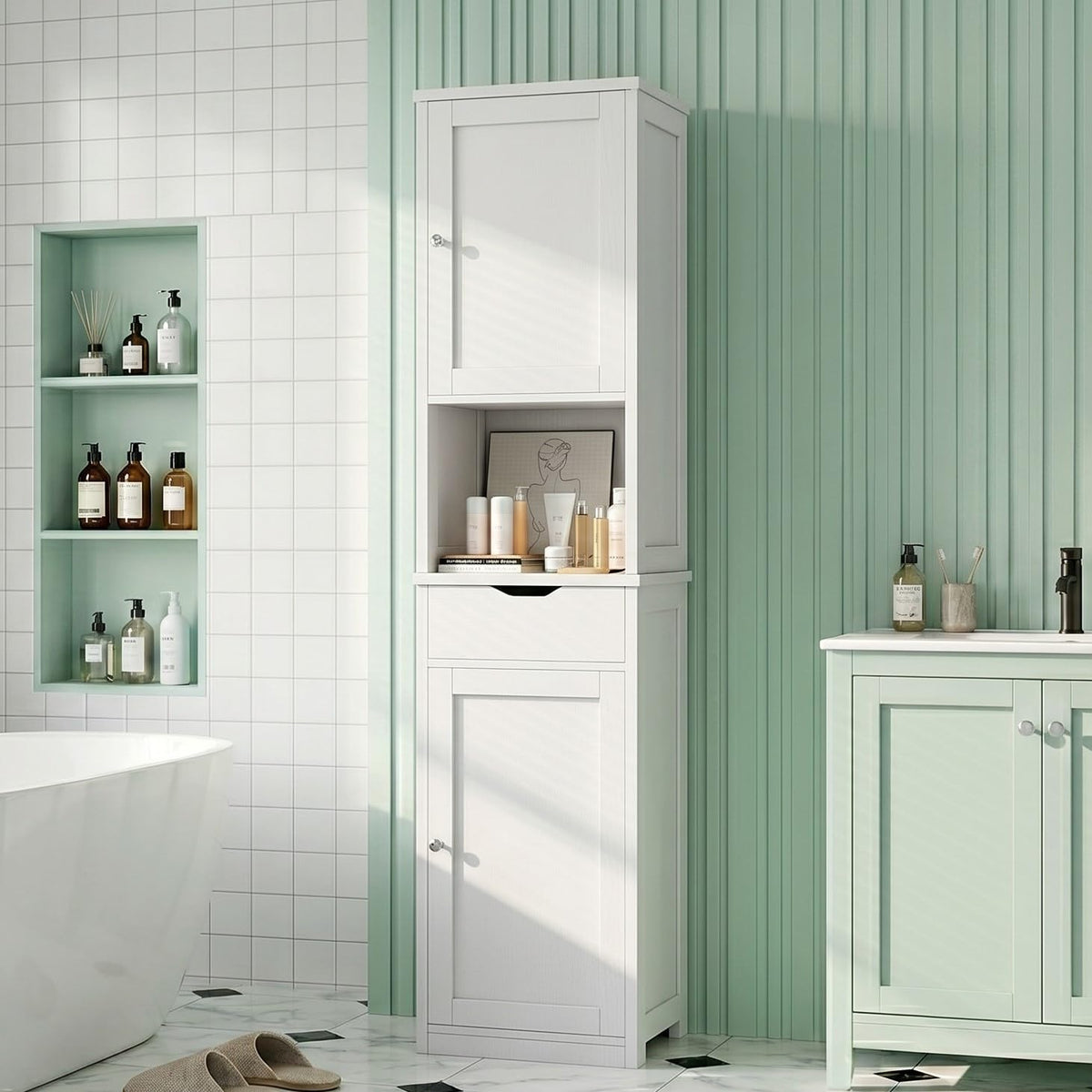 Tall Narrow Bathroom Storage Cabinet with Adjustable Shelves, White S29546