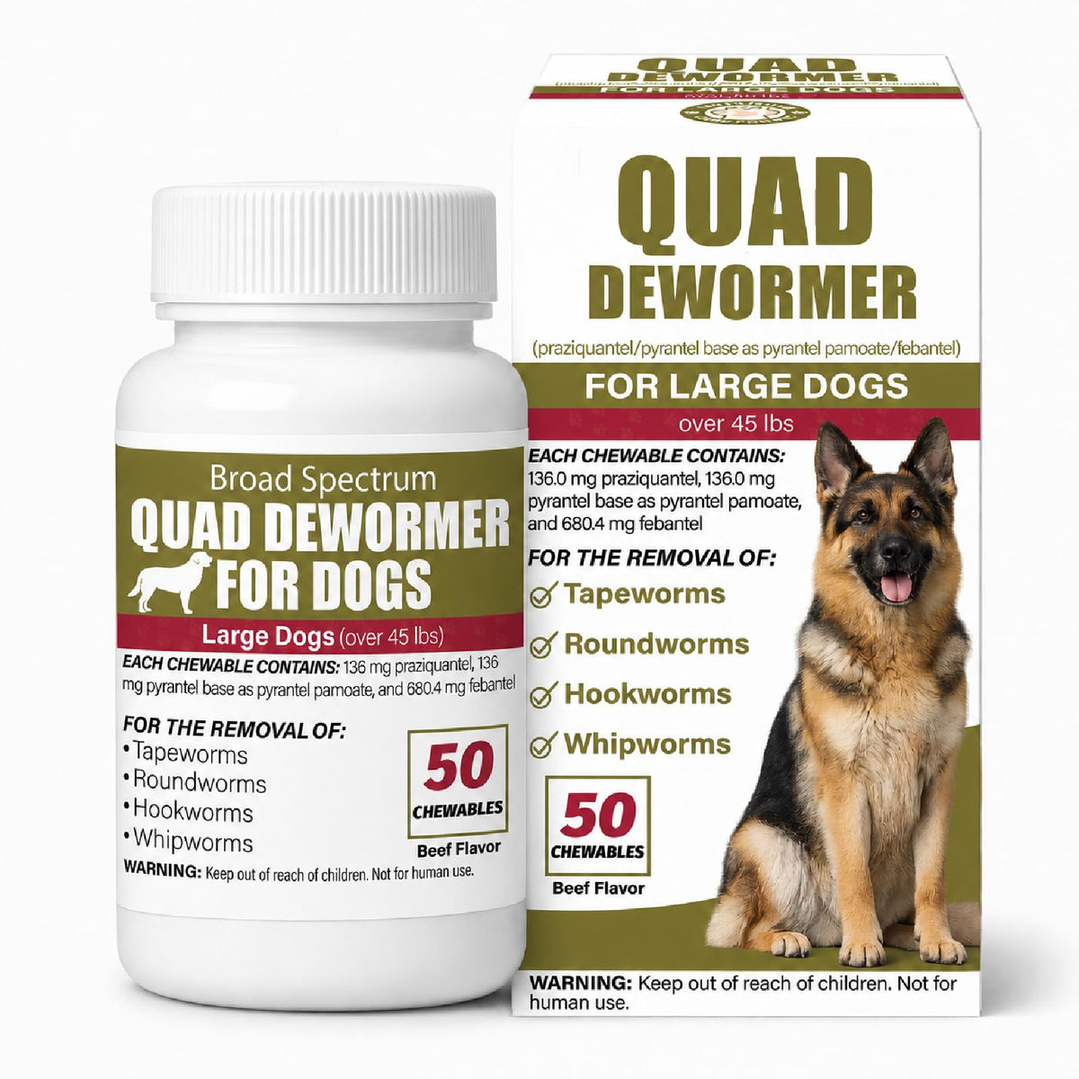 Chewable Dewormer for Dogs Over 45 lbs, 50 Beef Flavored Chewables Q841