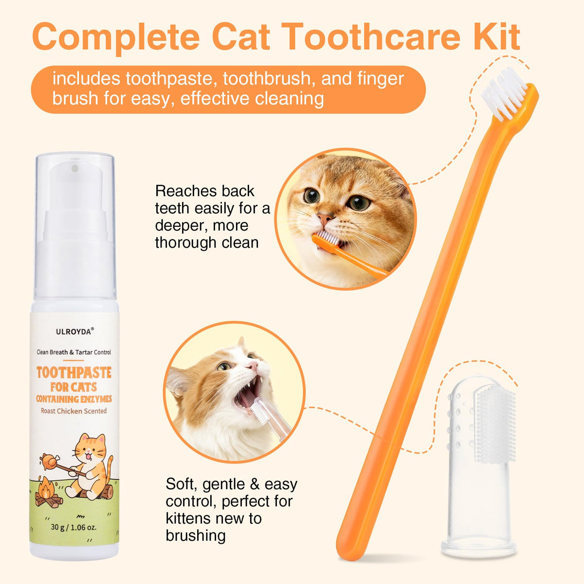 Roast Chicken Flavor Enzymatic Cat Toothpaste Kit with Toothbrush & Finger Brush, 1.06 oz L72624