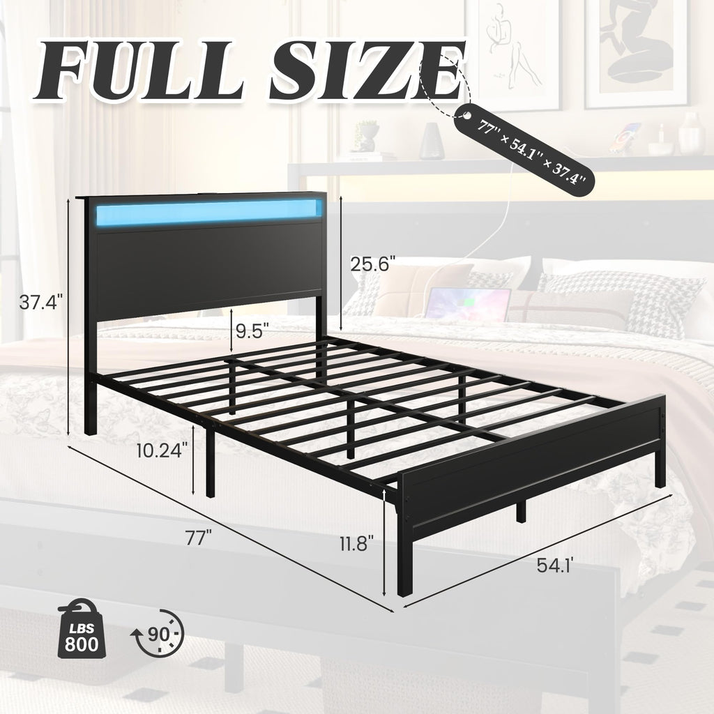 Full Bed Frame with Headboard, Footboard, Charging Station, LED Light, Storage Shelf, Black L56406