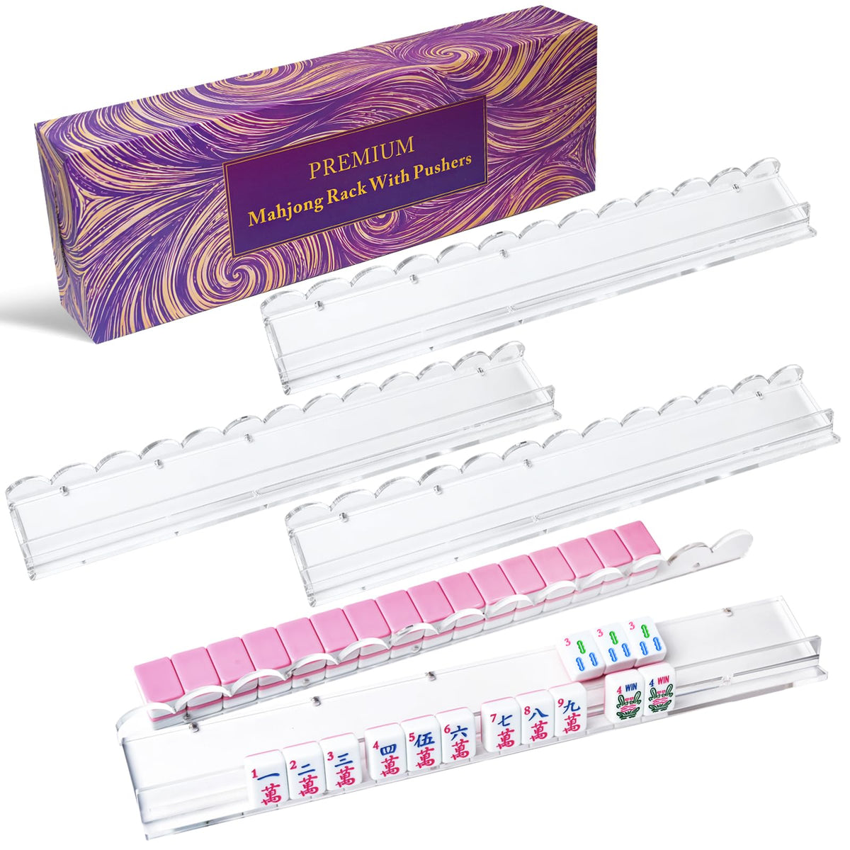 Clear Acrylic Mahjong Racks with Pushers, Set of 4 E63976