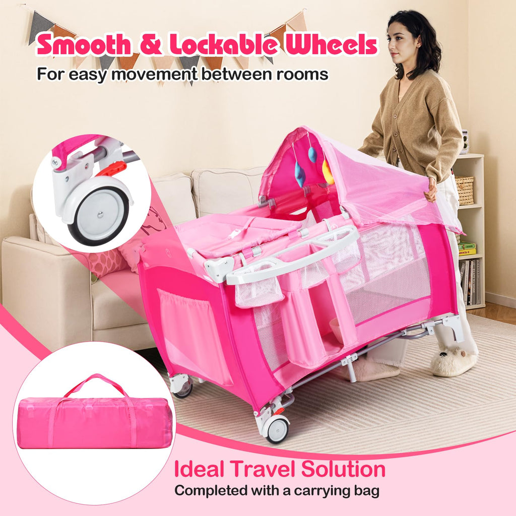 4 in 1 Pack and Play Portable Baby Bassinet Playpen with Diaper Changer Mattress Canopy Storage Rack Toy Bar Music Box Foldable Travel Playard Pink S186301