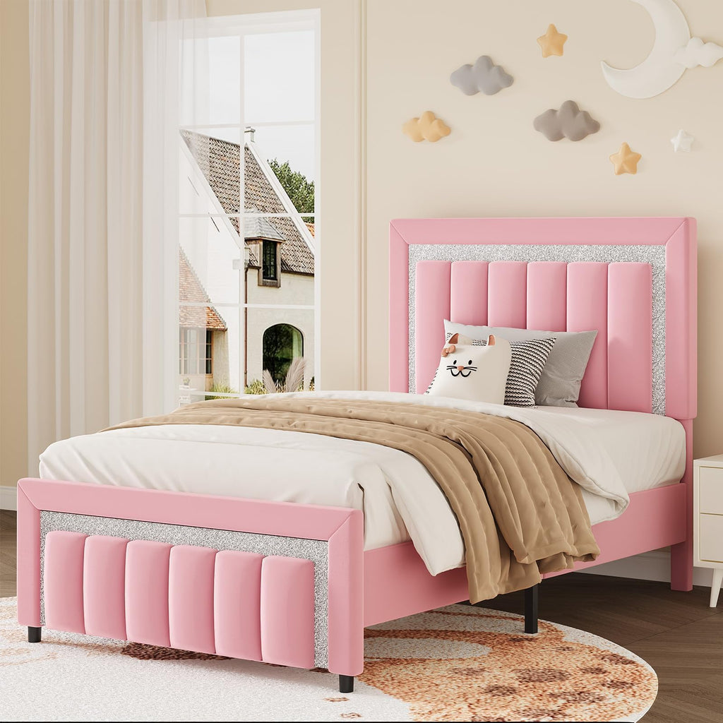 Twin Bed Frames with Upholstered Headboard, Pink S508962