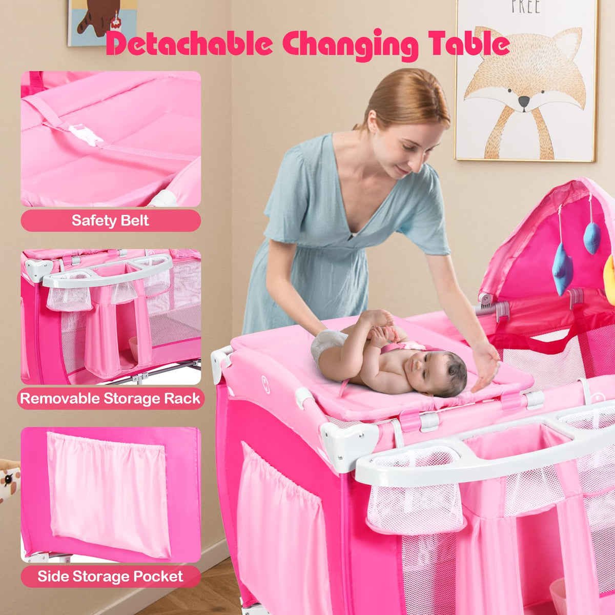 4 in 1 Pack and Play Portable Baby Bassinet Playpen with Diaper Changer Mattress Canopy Storage Rack Toy Bar Music Box Foldable Travel Playard Pink S186301