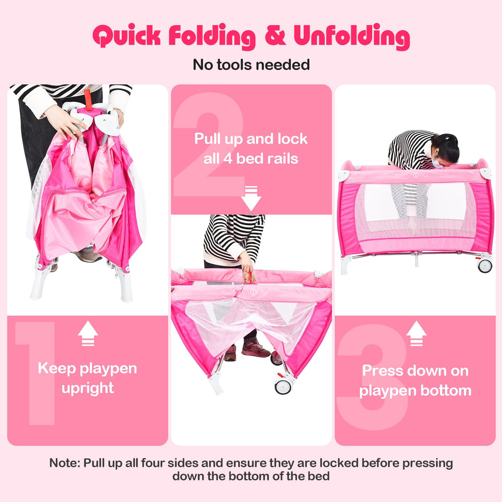 4 in 1 Pack and Play Portable Baby Bassinet Playpen with Diaper Changer Mattress Canopy Storage Rack Toy Bar Music Box Foldable Travel Playard Pink S186301