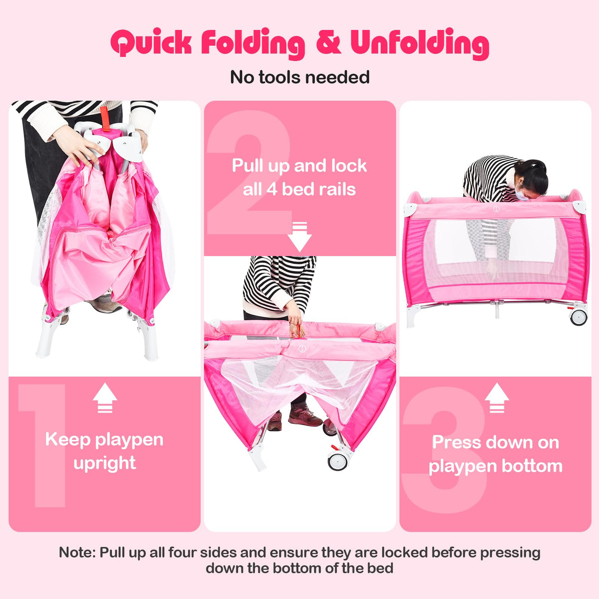 4 in 1 Pack and Play Portable Baby Bassinet Playpen with Diaper Changer Mattress Canopy Storage Rack Toy Bar Music Box Foldable Travel Playard Pink S186301