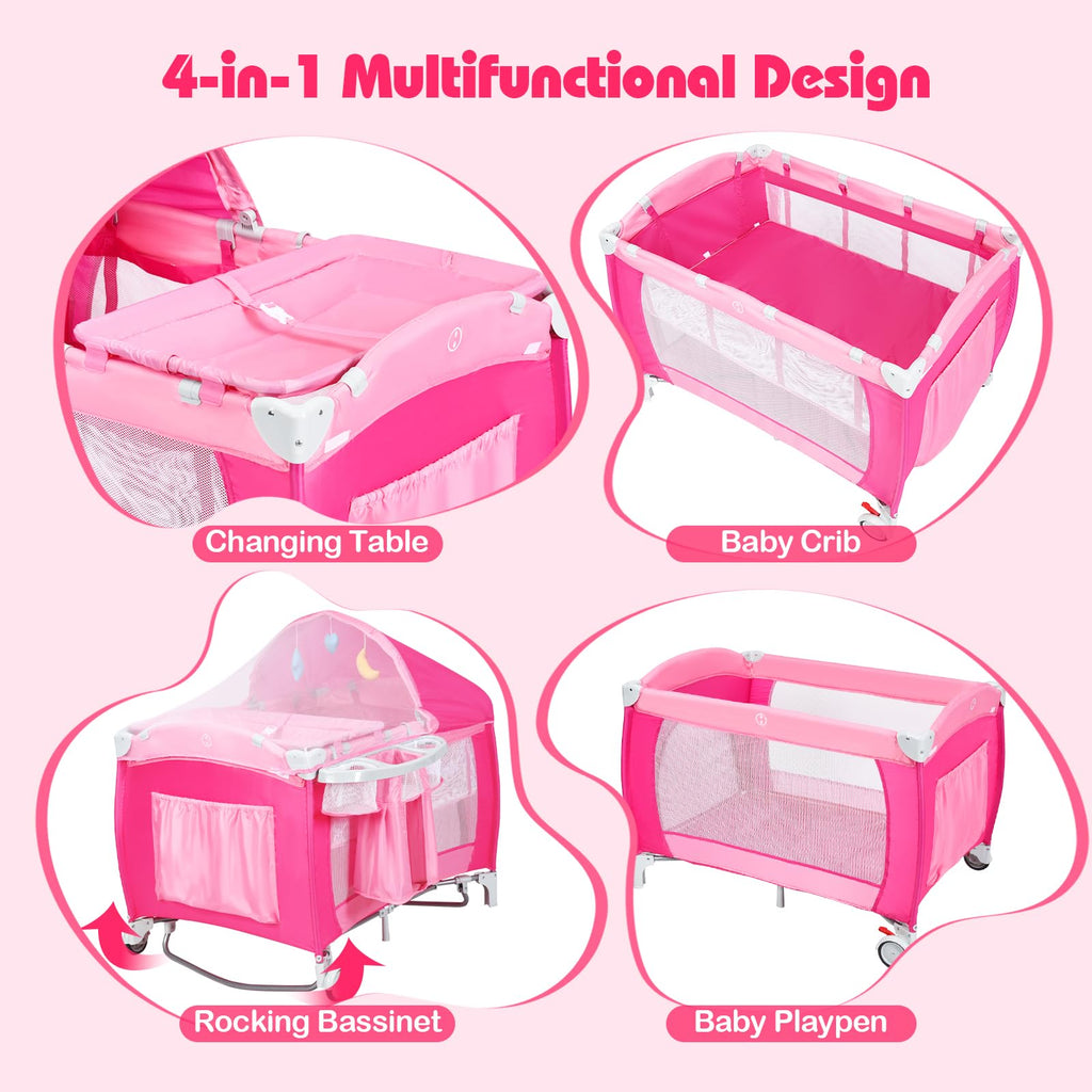 4 in 1 Pack and Play Portable Baby Bassinet Playpen with Diaper Changer Mattress Canopy Storage Rack Toy Bar Music Box Foldable Travel Playard Pink S186301