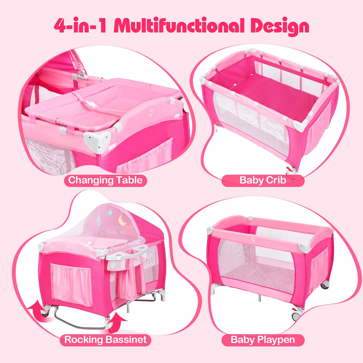 4 in 1 Pack and Play Portable Baby Bassinet Playpen with Diaper Changer Mattress Canopy Storage Rack Toy Bar Music Box Foldable Travel Playard Pink S186301