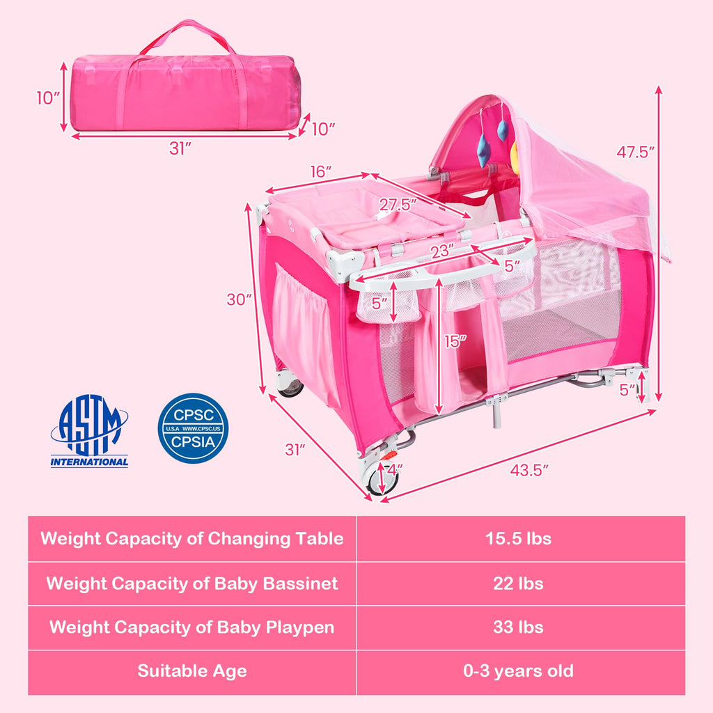 4 in 1 Pack and Play Portable Baby Bassinet Playpen with Diaper Changer Mattress Canopy Storage Rack Toy Bar Music Box Foldable Travel Playard Pink S186301