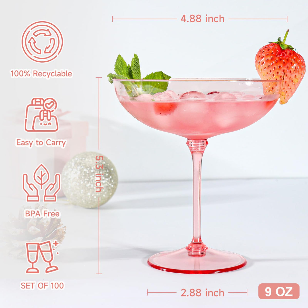 9oz Pink Plastic Martini Glasses Set B1236