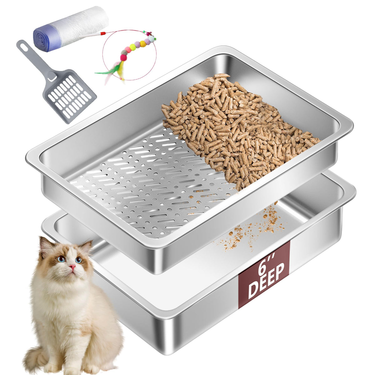 XL Stainless Steel Sifting Cat Litter Box with Scoop M593