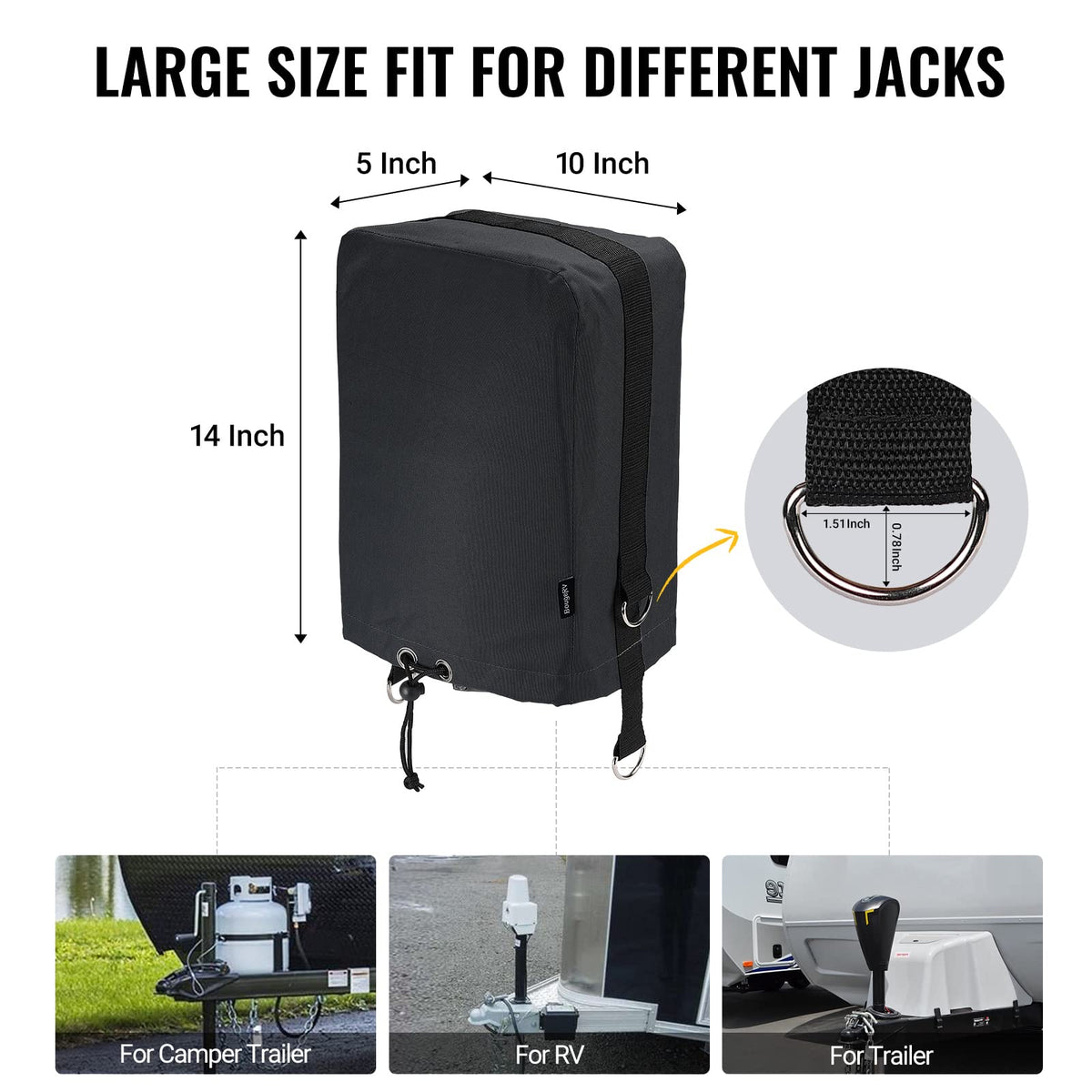 Black 600D RV Electric Tongue Jack Cover with D Rings L823280