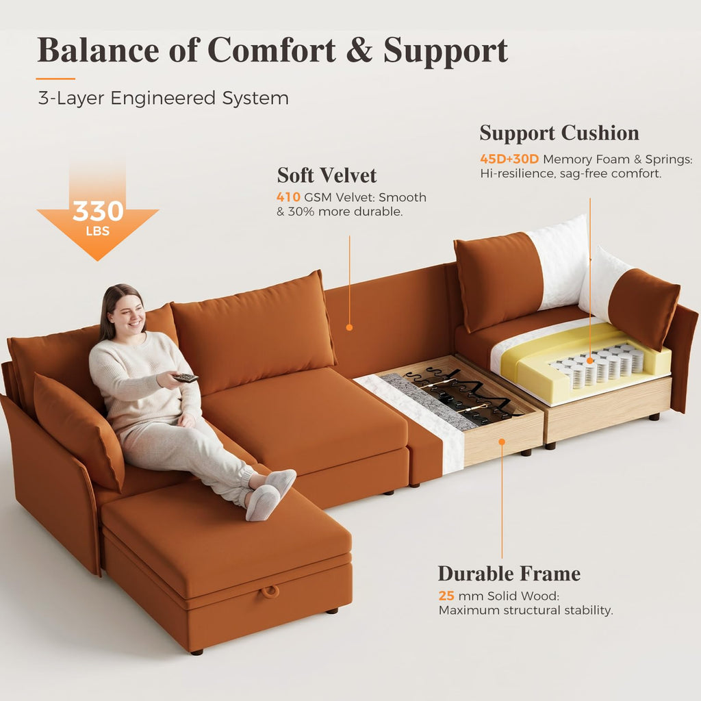 102.6" L Shaped 4 Seater Velvet Sectional Sofa with Storage Ottoman M32747