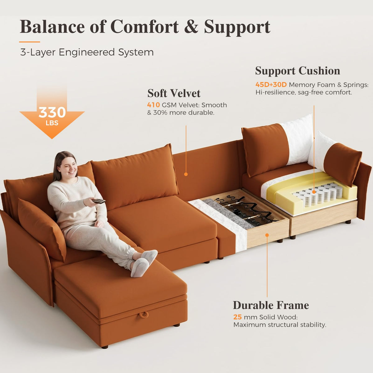 102.6" L Shaped 4 Seater Velvet Sectional Sofa with Storage Ottoman M32747