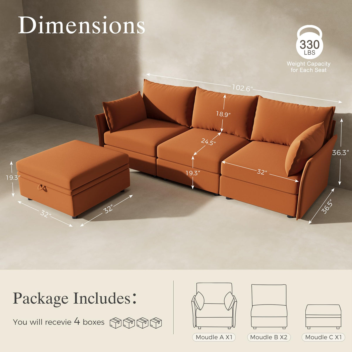 102.6" L Shaped 4 Seater Velvet Sectional Sofa with Storage Ottoman M32747