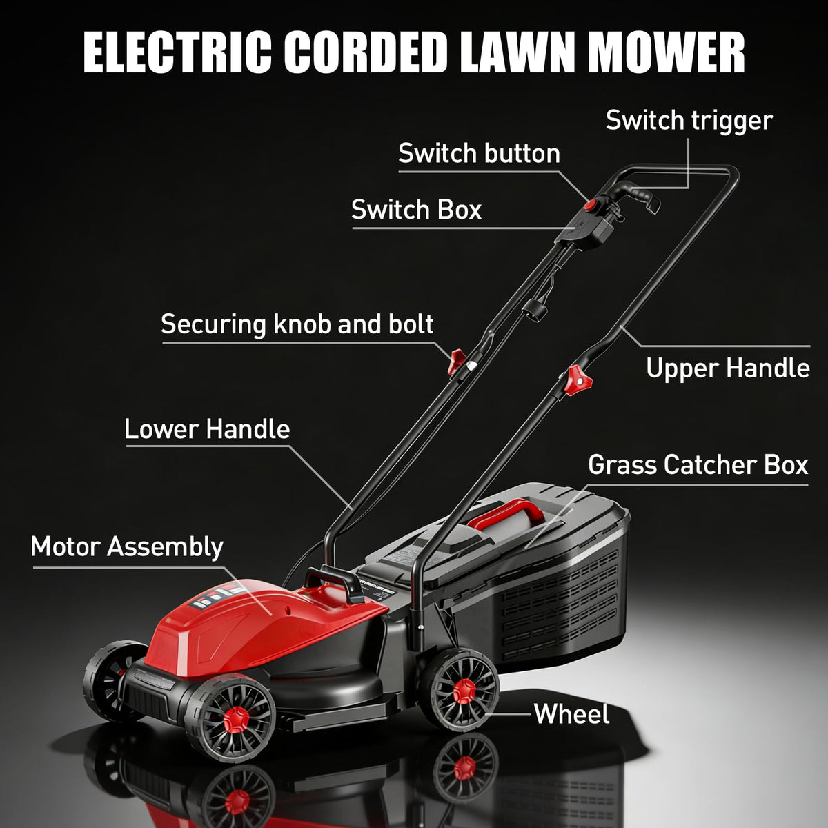14" Corded Lawn Mower, 3-Height, 2-in-1 Mulch & Bag L510