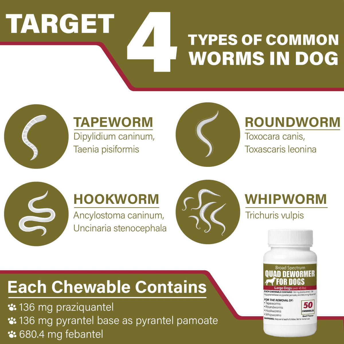 Chewable Dewormer for Dogs Over 45 lbs, 50 Beef Flavored Chewables Q841