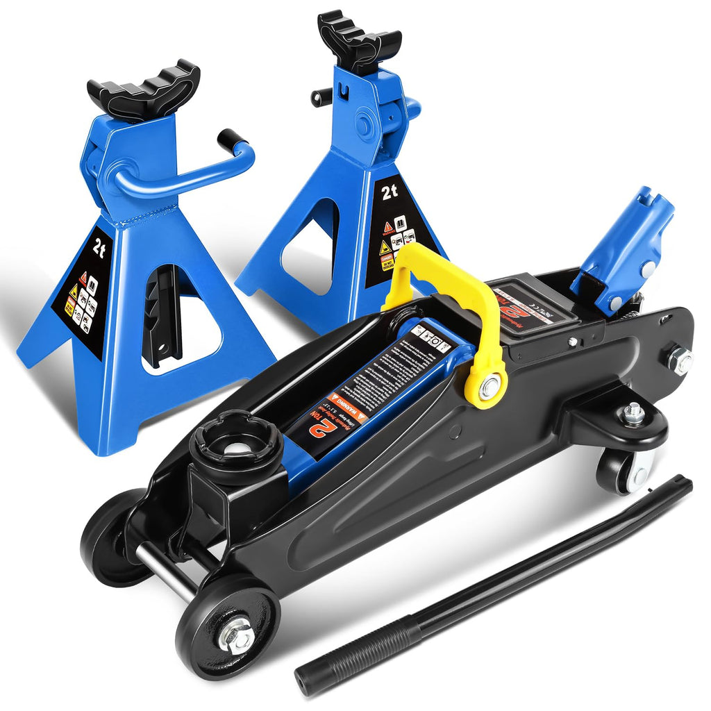 Low Profile Hydraulic Trolley Floor Jack with 2 Ratchet Jack Stands, 2 Ton Capacity, Blue F2756