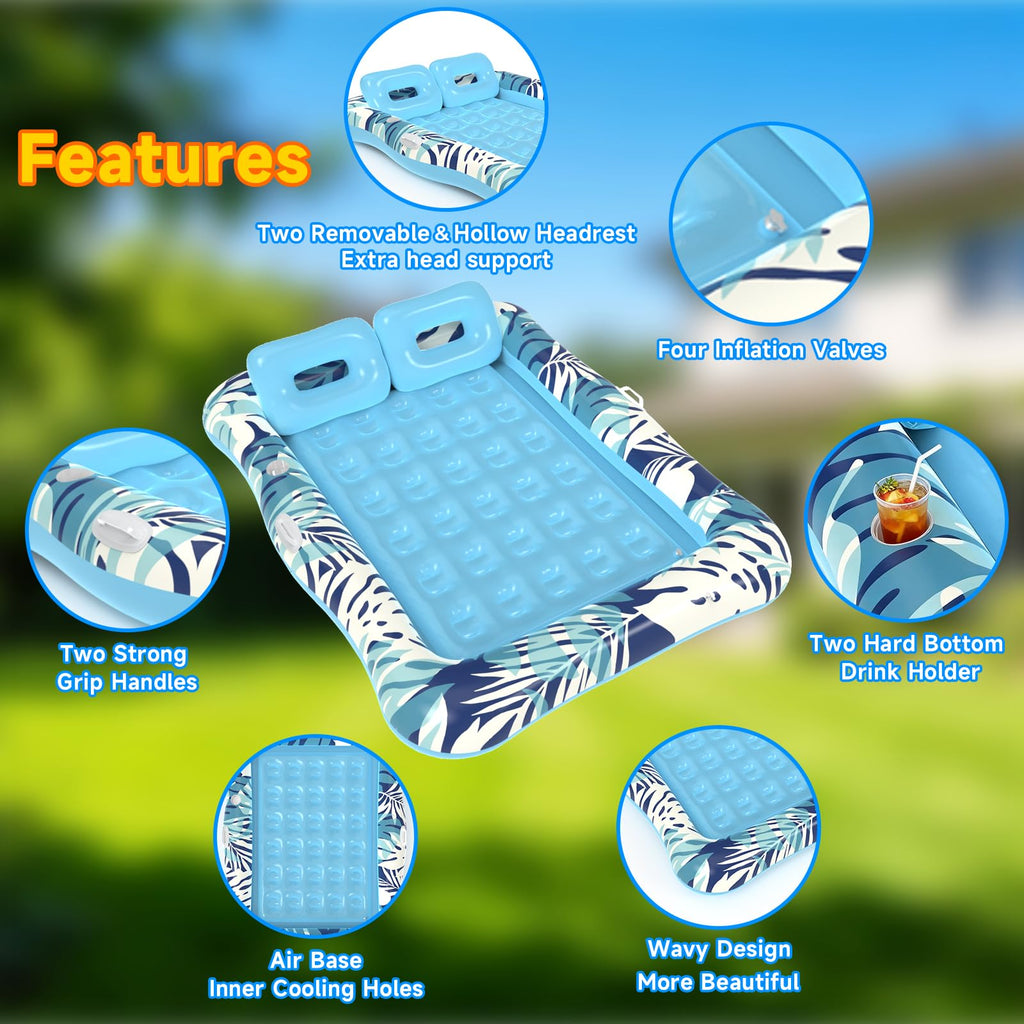 75"x64" XXL Inflatable Tanning Pool Lounger Float with Pillow Blue X267338