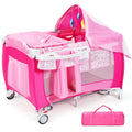4 in 1 Pack and Play Portable Baby Bassinet Playpen with Diaper Changer Mattress Canopy Storage Rack Toy Bar Music Box Foldable Travel Playard Pink S186301