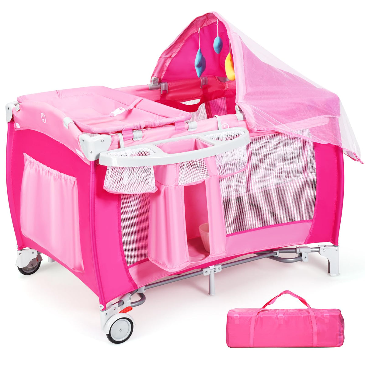 4 in 1 Pack and Play Portable Baby Bassinet Playpen with Diaper Changer Mattress Canopy Storage Rack Toy Bar Music Box Foldable Travel Playard Pink S186301
