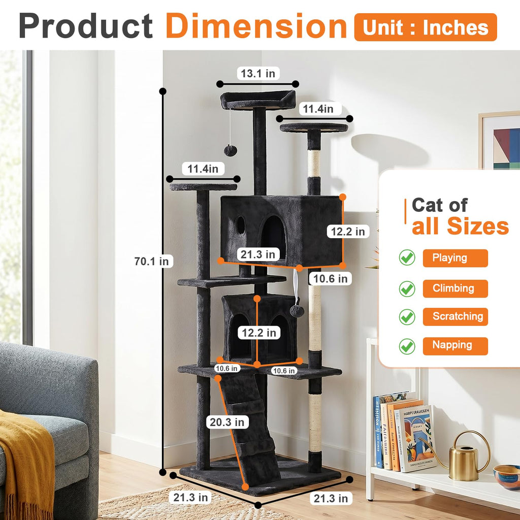70" Dark Gray Cat Tree Tower E754