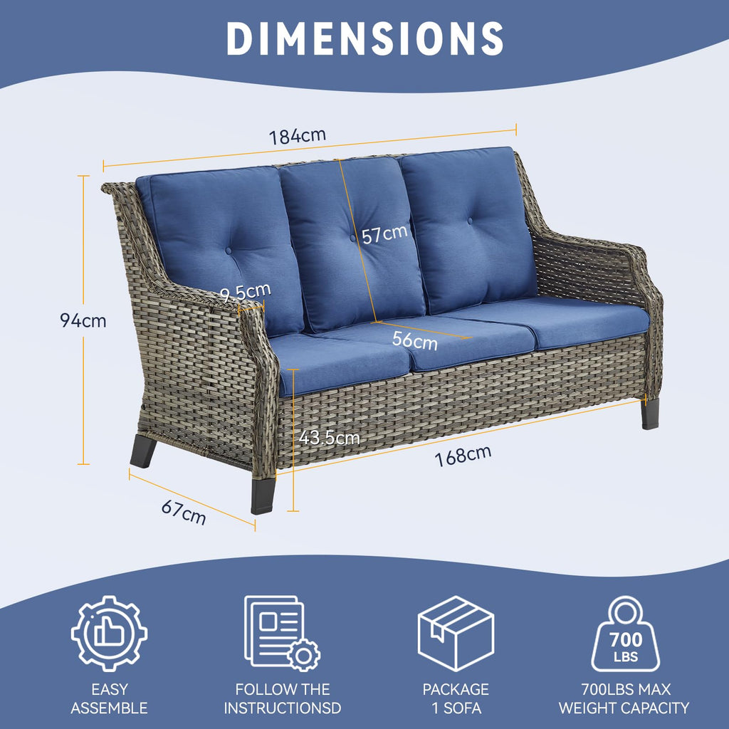 Grey Wicker 3pcs Patio Furniture Set with Blue Cushions K588
