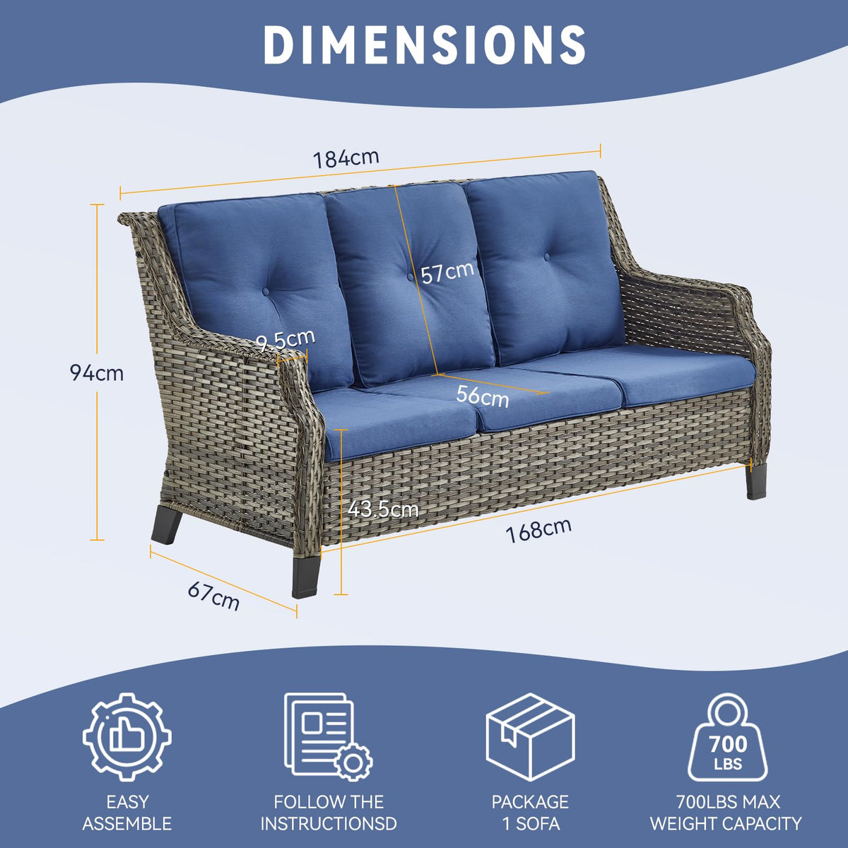 Grey Wicker 3pcs Patio Furniture Set with Blue Cushions K588