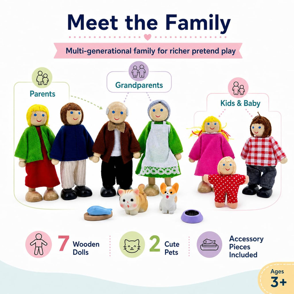 12 Pieces Wooden Dollhouse Family Set with Dog Cat Figures H6434