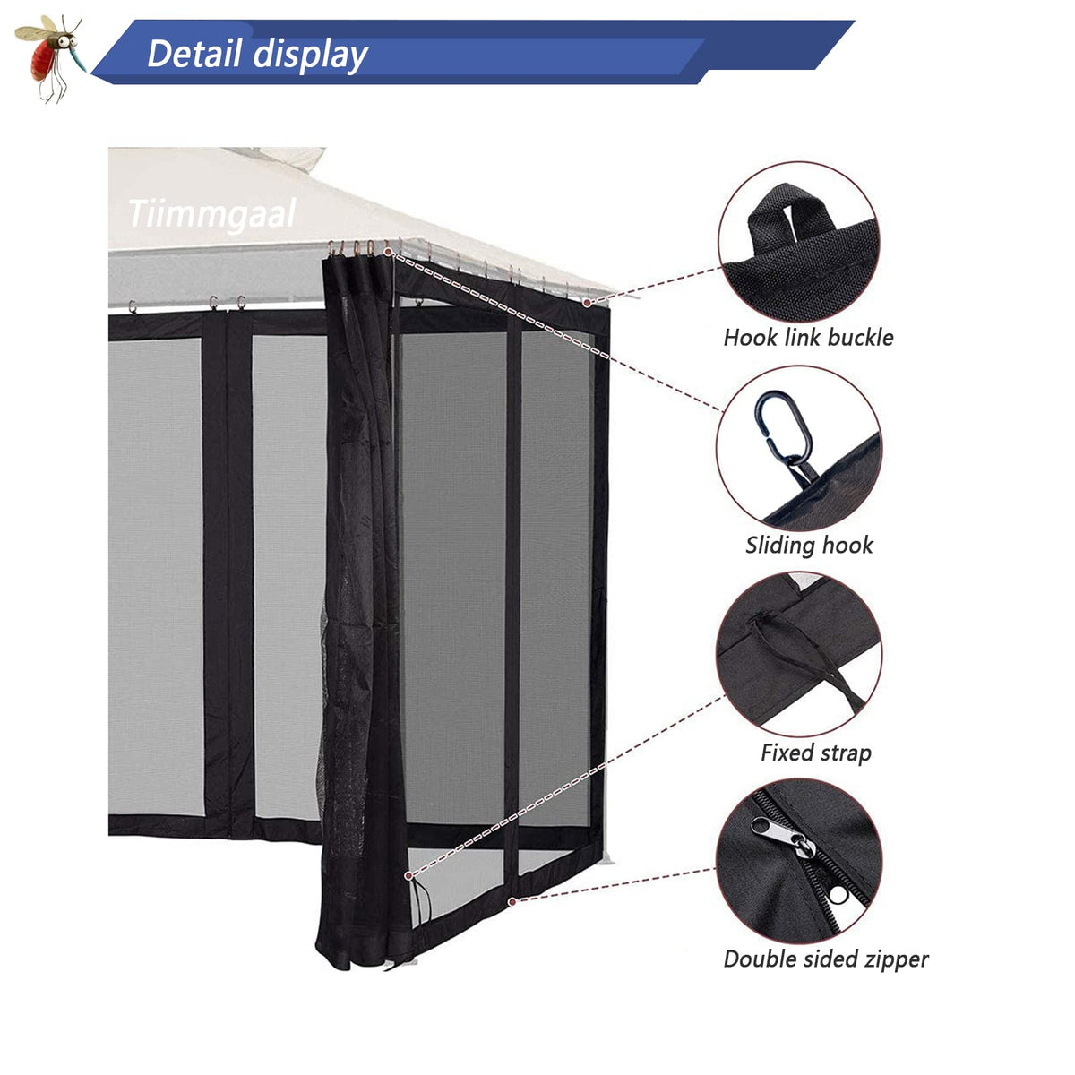 Black 10x10FT 4-Door Zipper Mosquito Netting S58451