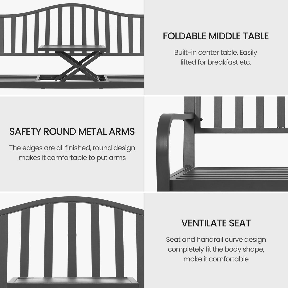 59" Gray Metal Outdoor Bench with Built in Table R2317
