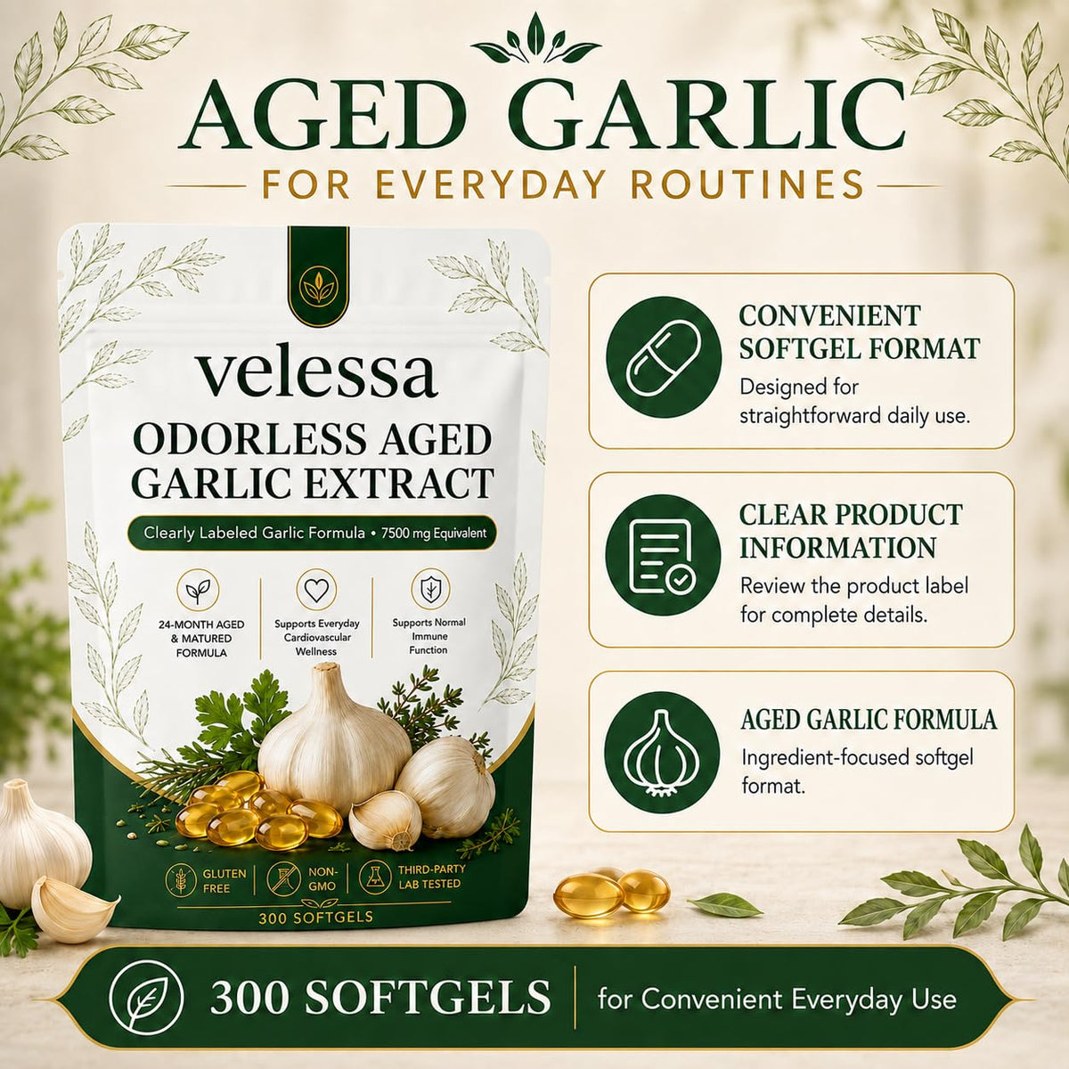Odorless Aged Garlic Extract 300 Softgels D475