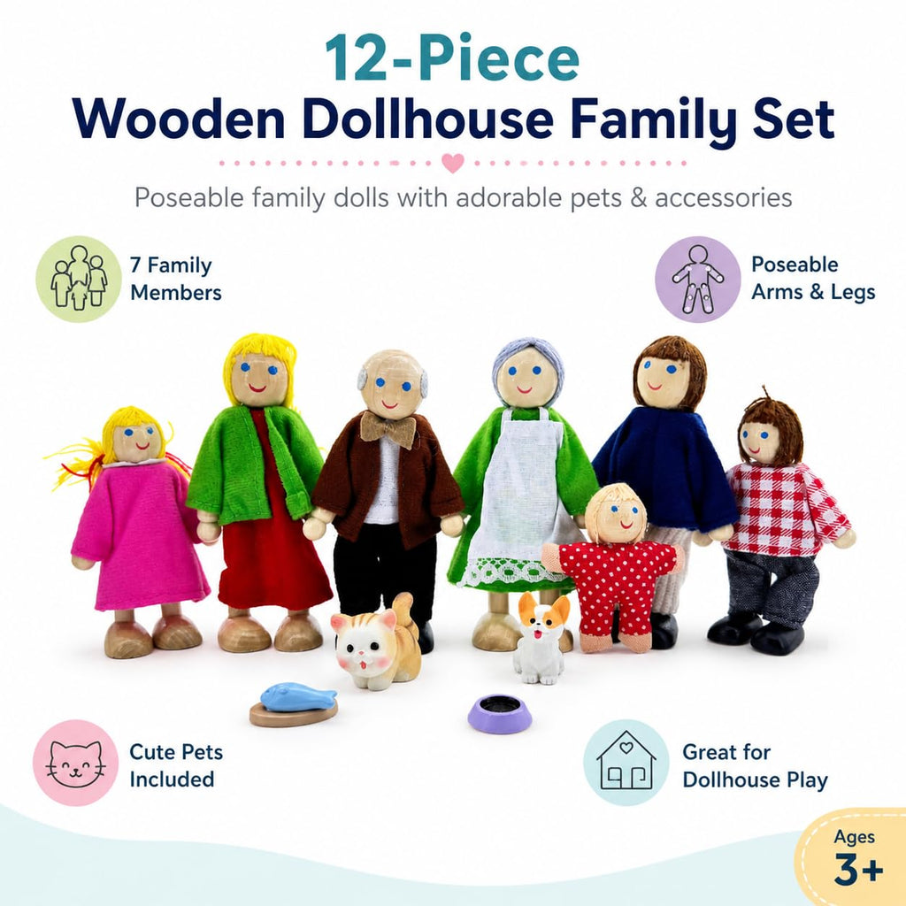 12 Pieces Wooden Dollhouse Family Set with Dog Cat Figures H6434