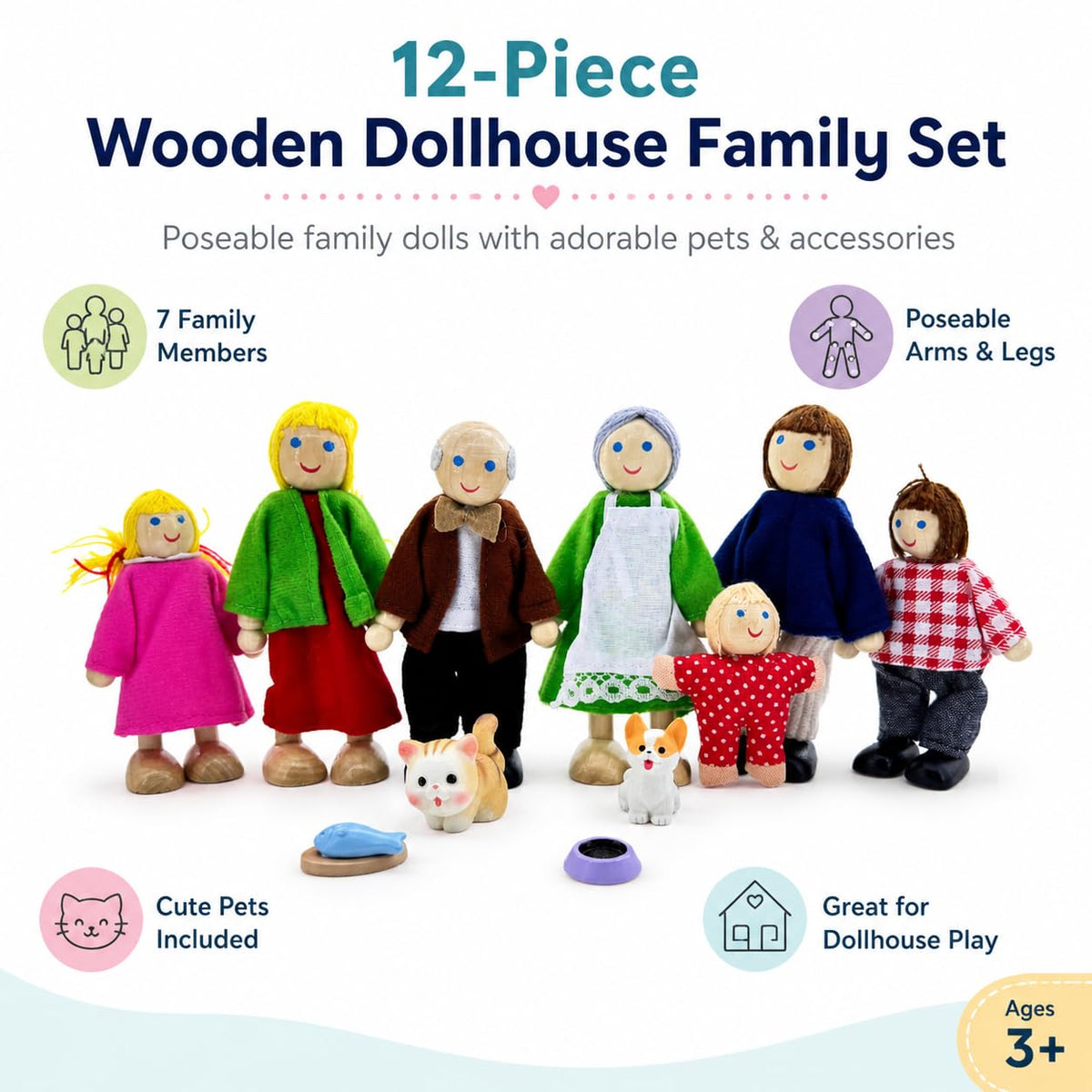 12 Pieces Wooden Dollhouse Family Set with Dog Cat Figures H6434