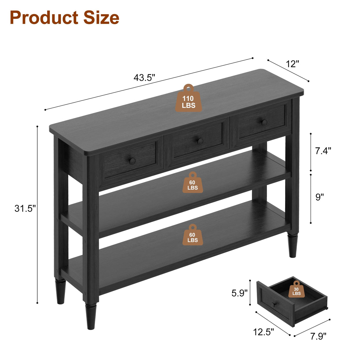 43" Farmhouse Entryway Table with 3 Drawers 2 Shelves N44211