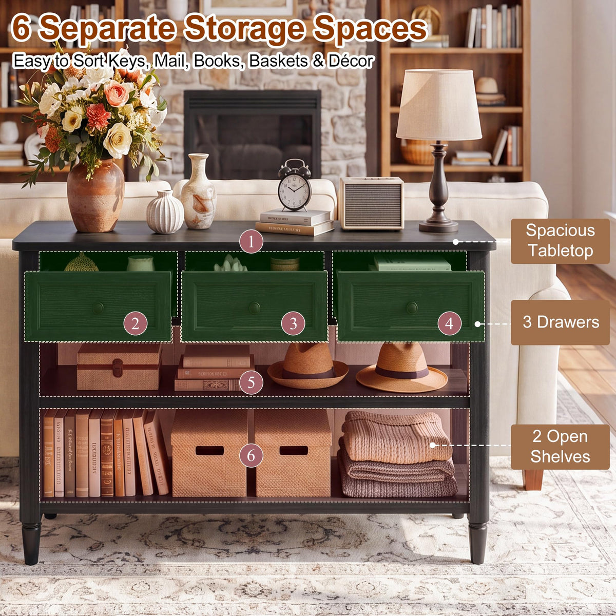 43" Farmhouse Entryway Table with 3 Drawers 2 Shelves N44211