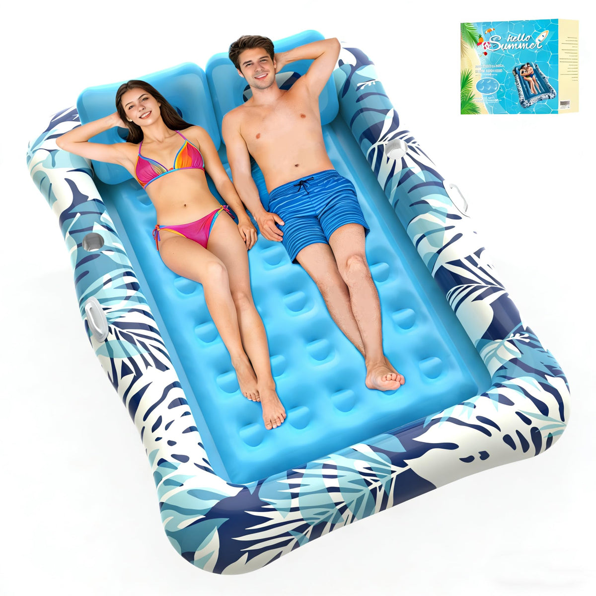 75"x64" XXL Inflatable Tanning Pool Lounger Float with Pillow Blue X267338