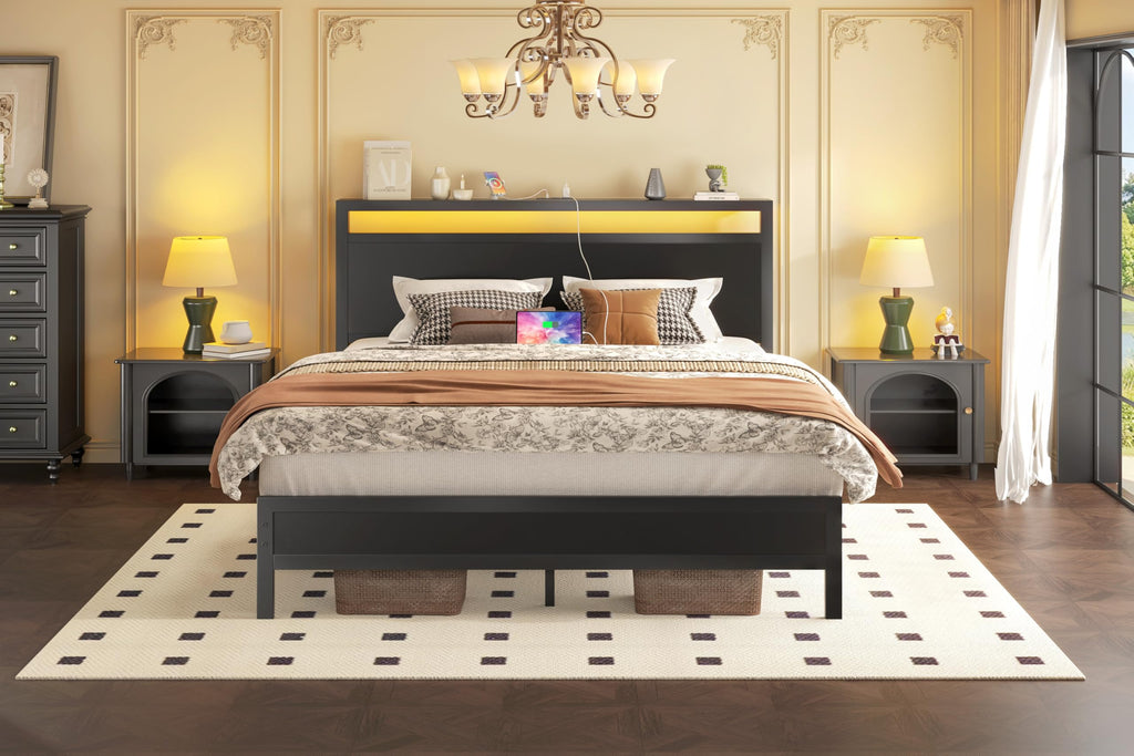 Full Bed Frame with Headboard, Footboard, Charging Station, LED Light, Storage Shelf, Black L56406